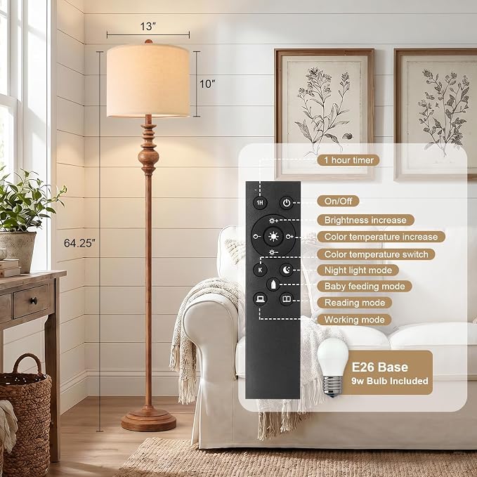 BOBOMOMO 64.25" Farmhouse Floor Lamp with Remote, Dimmable Floor Lamp with Adjustable Color Temperatures, Tall Rustic Standing Lamp for Living Room Corner, Bedroom & Nursery, 9W Bulb Included,Brown