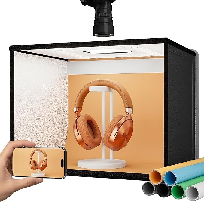 RALENO 16"x12" Photo Light Box Photography, 24W Foldable Photo Studio Light Box, Dimmable Shooting Tent Kit with CRI>95 & 6 Backdrops for Toys Jewelry Watches Cosmetics