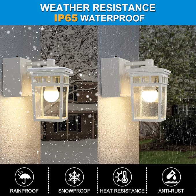 Outdoor Porch Light, Dusk to Dawn Outdoor Wall Lantern with GFCI Outlet | White Waterproof Anti-Rust Exterior Light Fixture with LED Bulb, Outside Sconce Lights for House Garage Patio