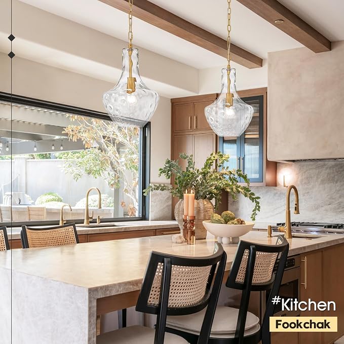 Hammered Glass Pendant Light Gold Kitchen Island Light Large Glass Pendant Lights Over Sink Brass Hand-Blown Glass Hanging Light for Kitchen Dining Room Hallway Entrance