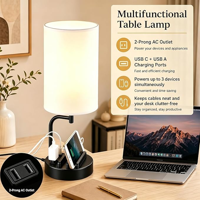 Dreamholder Touch Control USB Table Lamp with USB C/A & AC Outlet, 3-Way Dimmable Bedside Lamp, Modern Nightstand Lamps for Bedroom Living Room Guest Room Office, Bulb Included, Black
