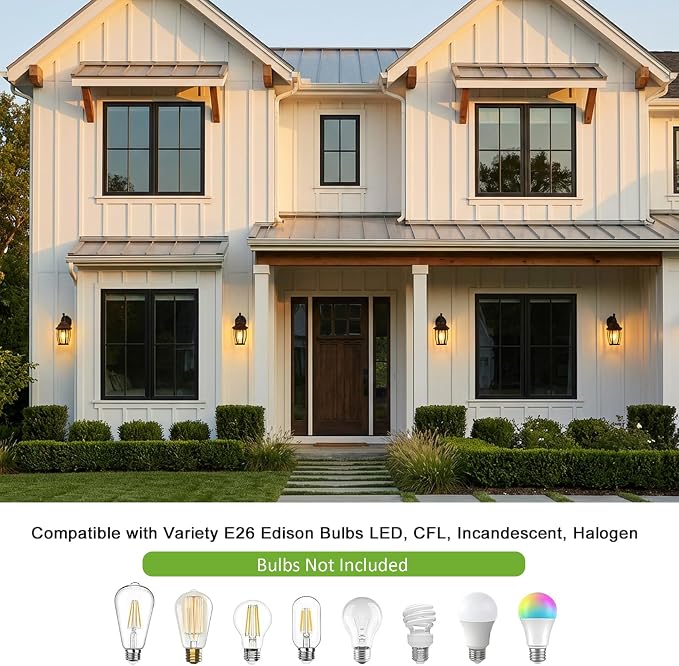 Outdoor Wall Light Fixture, Rustproof Aluminum, Glass | Large Exterior Porch Light Wall Sconce Lantern for House, Patio, Garage, Waterproof, E26 Socket 60W Max, Black