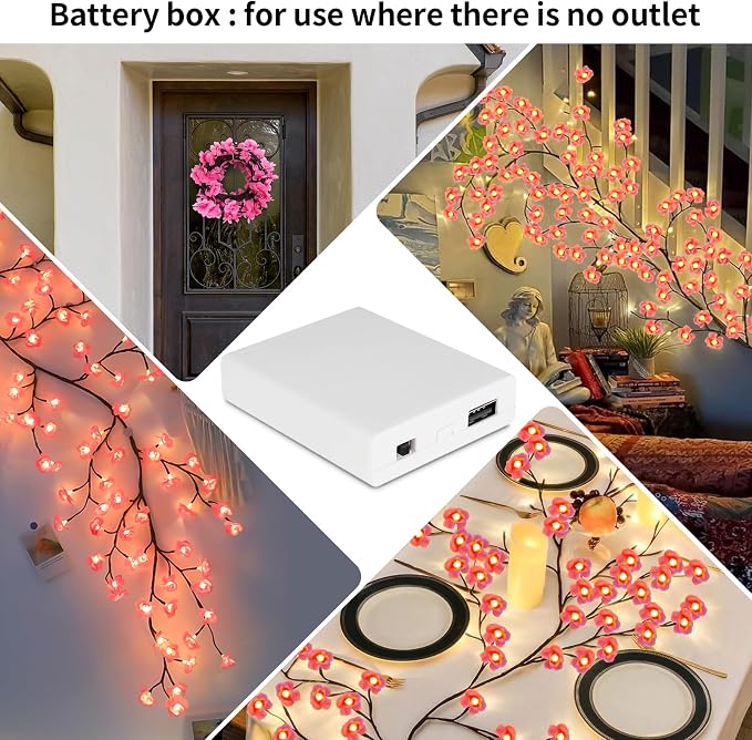 7.55FT 144LED Pink Cherry Blossom Tree Branch Lights for Wall Battery Box | Cherry Enchanted Willow Vine Lights with Remote Timer, 8 Light Model for Bedroom Wall Doors Wedding, Christmas