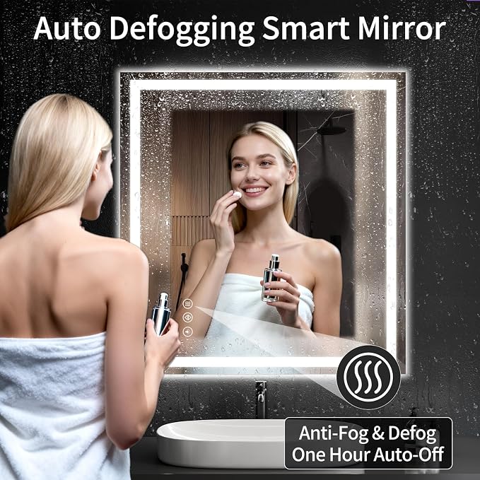 LED Bathroom Mirrors 38"x40" Bathroom Mirror with Lights for Wall, Backlit + Front Lit, 3 Colors, Anti-Fog, Dimmable Brightness for Vanity,Bathroom, Entryway, Living Room