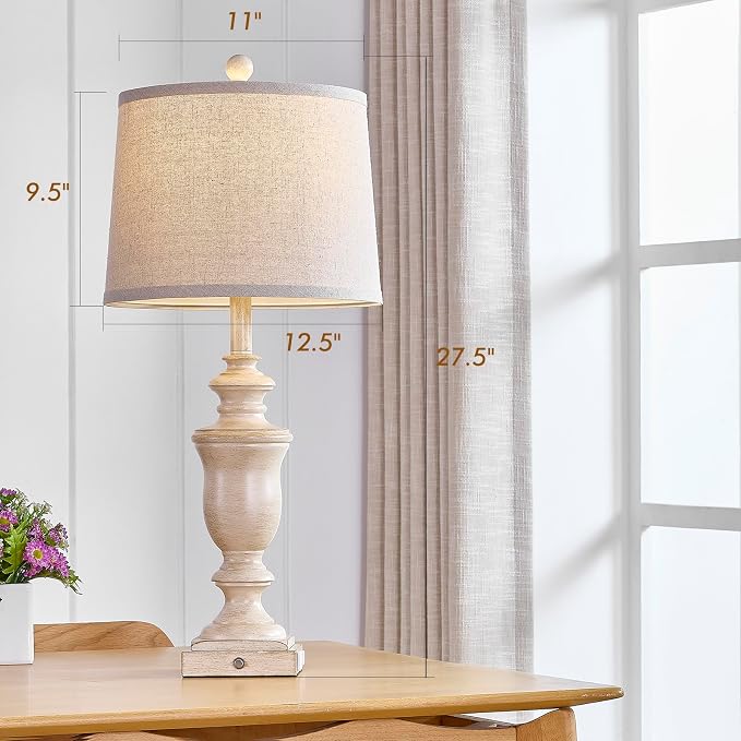 SAIWEYA 27.5" Set of 2 Farmhouse Table Lamps for Bedroom, 3 Way Dimmable Bedside Lamp with 2 USB +AC Outlet Nightstand Lamps for Living Room Resin Rustic Touch Lamps