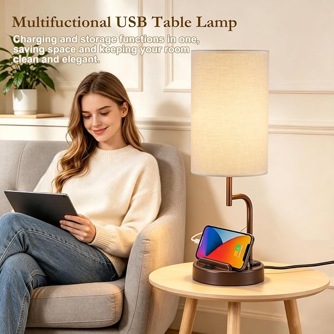 Dreamholder 2 Pack Table Lamp, Bedside Lamp with 3 USB Charging Ports & AC Outlet, USB Desk Lamp with 2 Phone Holders, Linen Fabric Shade Nightstand Lamps for Bedroom Living Room Office, Coffee Brown