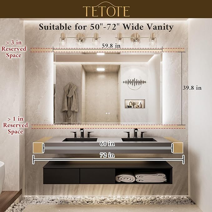 TETOTE 60 x 40 Oversized Backlit Mirror Bathroom, LED Vanity Mirror with Beveled Edge, Safe Tempered Glass, 3 Color Temperature, Anti-Fog, Dimmable, Memory Function, Wall-Mounted Vanity Mirrors