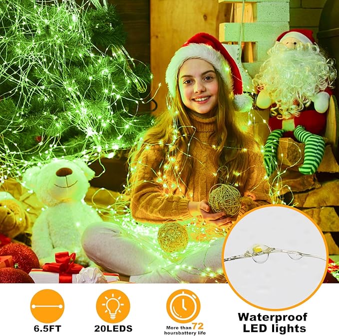 6 Pack Fairy Lights Battery Operated String Lights - 7ft 20 LED Waterproof Silver Wire Firefly Lights for DIY Wedding Décor Table Centerpieces Craft Mason Jars Party Decor(Green)