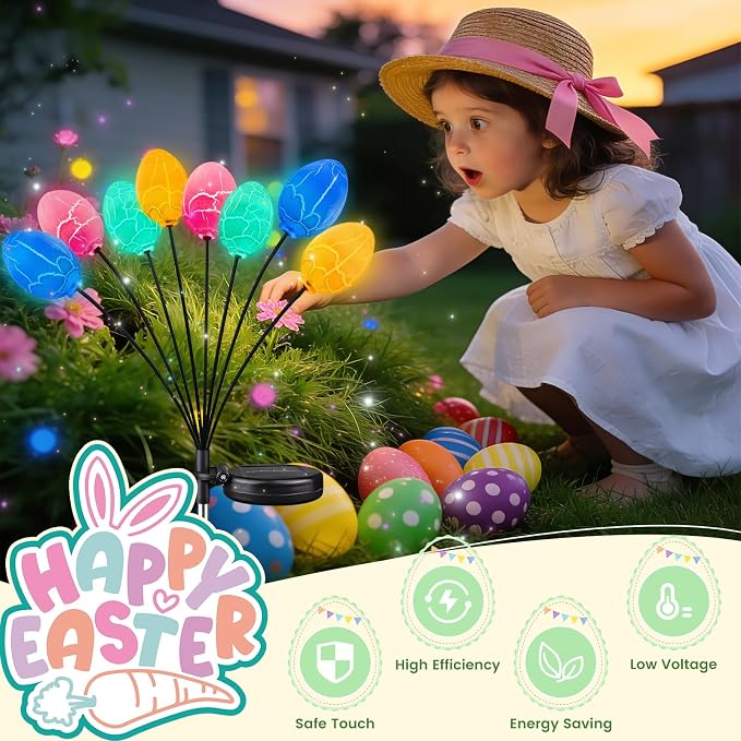 4 Pack 32 Led Solar Easter Egg Lights, Colorful Garden Swaying Firefly Lights Outdoor with 2 Lighting Modes, Waterproof Solar Stake Lights for landscaped Yards, Porches and Patio Easter Decorations