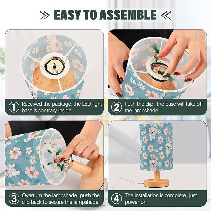 Fustylead Cute Cartoon Maltese Dogs and Daisy Floral Bedside Table Lamps with USB Port for Bedroom Lamp Accent Table Lamp Small Nightstand Lamp Linen Shade Decorative Lamps for Kids|Reading|Dome|Home