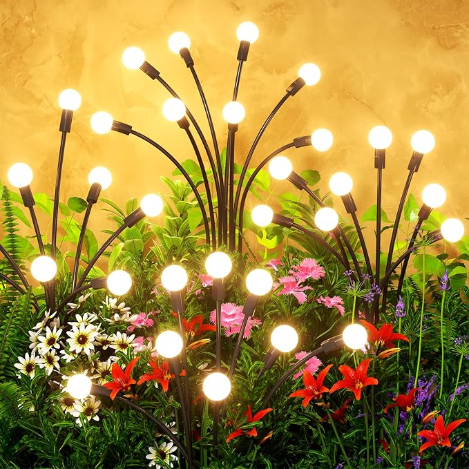 Solar Lights Outdoor(4 Pack,32 LEDs),Solar Lights Outdoor Waterproof for Garden Decor,4 Modes Firefly Light for Outdoor Decor,Big Bulb High Lumens Patio Decor,Sway by Wind,Gardening Gifts for Women
