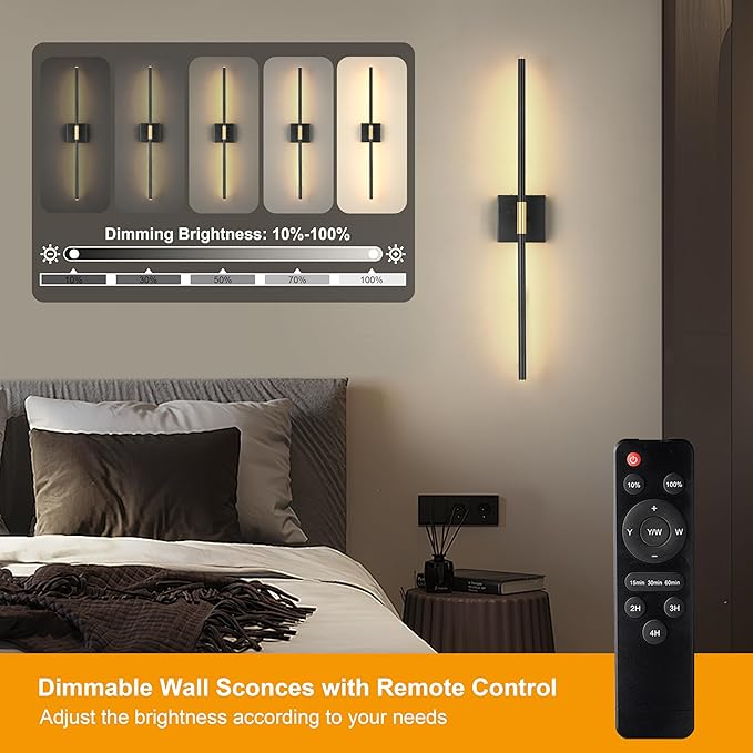 36 Inch Battery Operated Wall Sconces Set of 2, Dimmable Battery Wall Sconce with Remote Control, Black Gold LED Rechargeable Sconces, Modern Wireless Wall Lights for Bedroom, Living Room