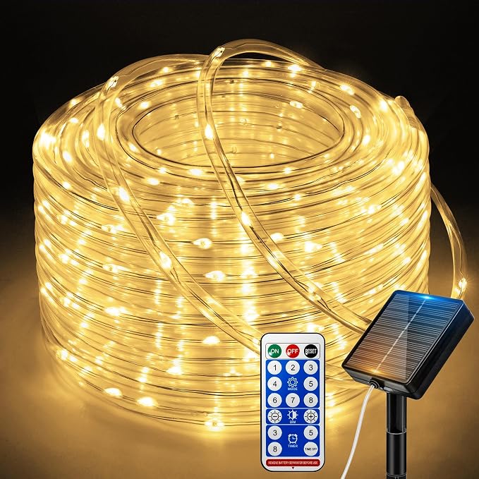 Ollny Solar Rope Lights Outdoor, 33FT 100 LED Warm White String Lights with Remote, 8 Modes Waterproof Timer Tube Light for Tree Holiday Party Wedding Decor