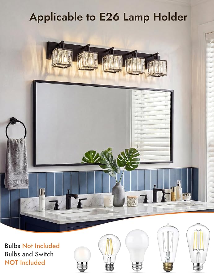 VOLISUN Black Bathroom Light Fixtures, Modern Bathroom Lighting Fixtures Over Mirror, 5 Light Bathrooms Vanity Light, Crystal Vanity Light for Bathrooms-UL Certificated(Exclude Bulb)