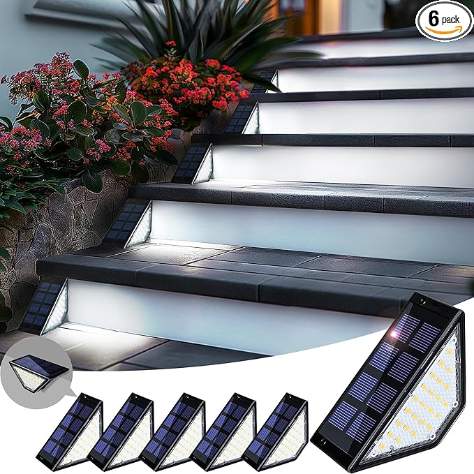 6 Pack Solar Step Lights for Outside, 24 LEDs Solar Stair Lights Waterproof IP65, Solar Deck Lights Outdoor Decor for Garden, Porch, Pathway, Patio, Fence(Cold White)