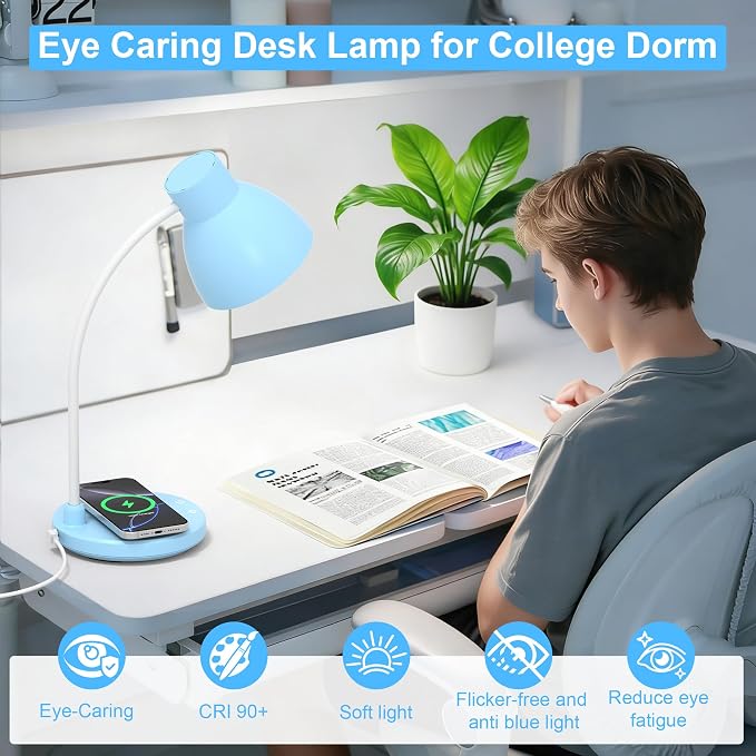 LED Desk Lamp for Home Office with Wireless Charger, Blue | 3 Color Modes Dimmable Eye-Caring Study Reading Dorm Desk Lamp, 360° Flexible Arm Table Lamp for College Dorm Room, 800 Lumen