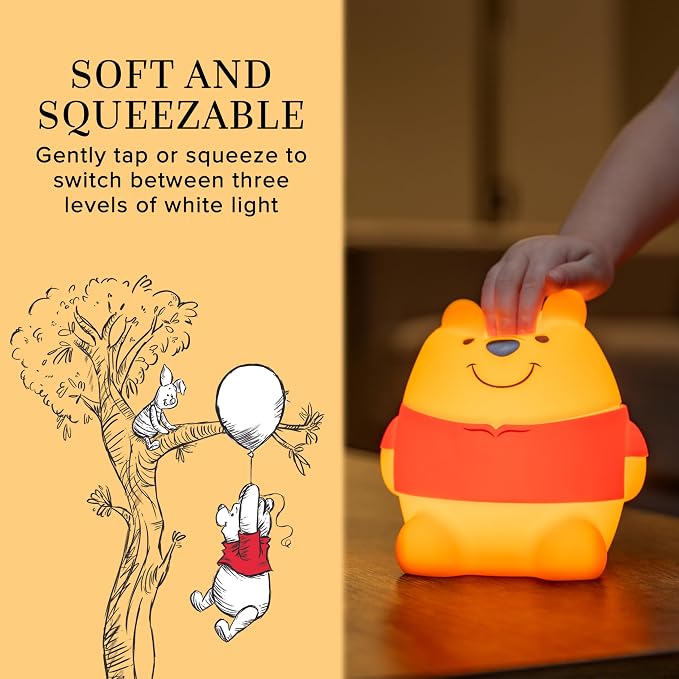 Disney Squish'ems Winnie the Pooh Night Light for Kids, Soft Silicone | Dimmable Kids Bedside Lamp, Light for Nursery, Kids Room, and Bedroom, USB Powered with AAA Battery Option