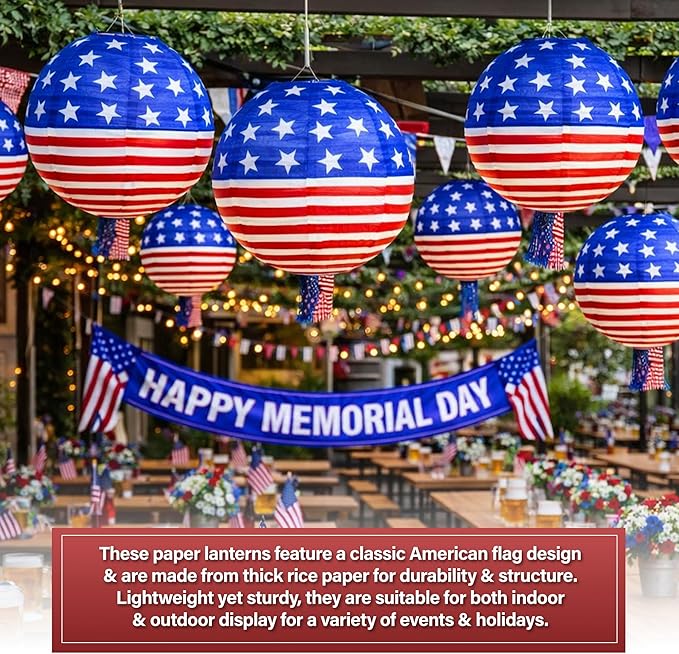 Mudra Crafts 12 In 10 American Flag Paper Lanterns Red White Blue Decorations for Armed Forces & Memorial Day Décor - USA Citizenship Event Patriotic Decorations