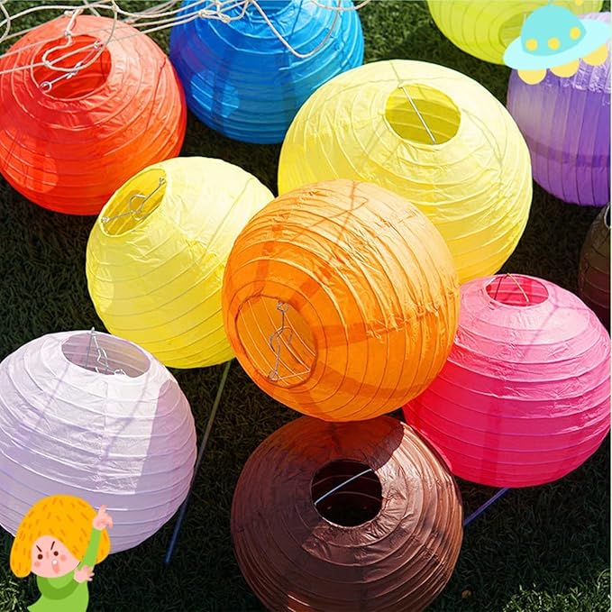 12pcs Orange Paper Lanterns with 12pcs White LED Lights, 6" 8" 10" 12" Round Hanging Chinese/Japanese Ball Lantern for Wedding Anniversary Birthday Party Decorations