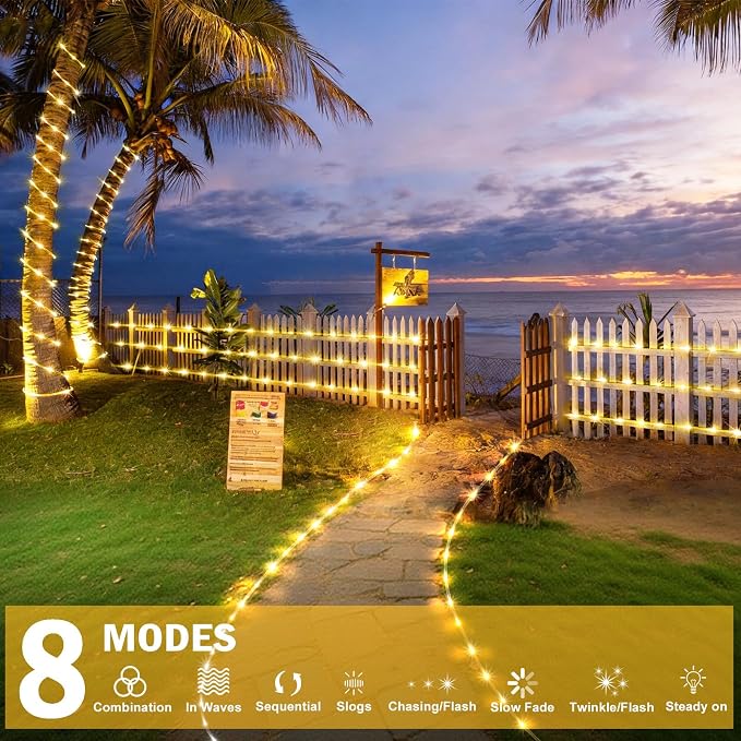 KNONEW Solar Rope Lights Outdoor 300LED 50FT Solar String Lights Outside Waterproof with Modes Clear Thin Tube for Pool Tree Patio Garden Fence Camping Yard Deck Trampoline（Warm White）
