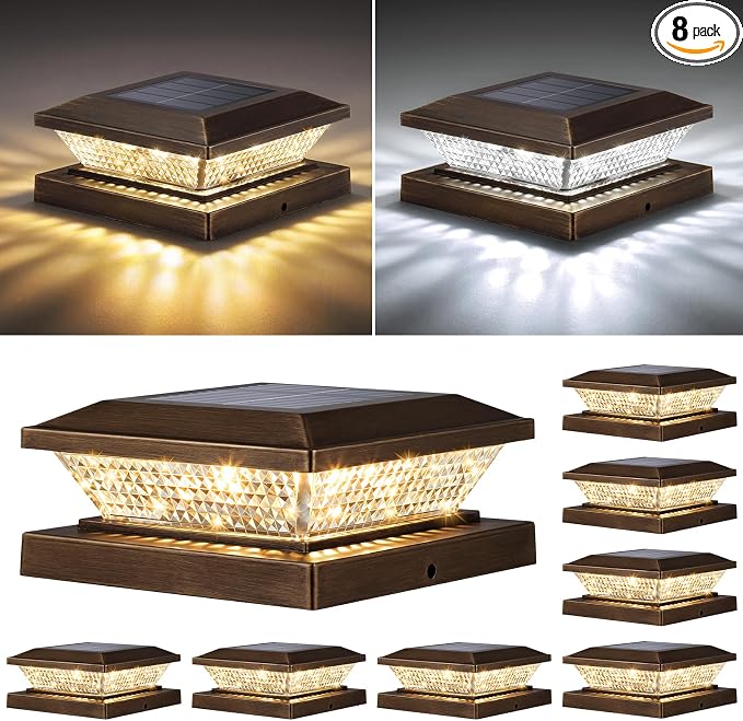 4x4 Solar Post Cap Lights Outdoor 8 Pack, Waterproof Solar Fence Light for Wooden/Vinyl Post, 2 Color Outside Deck Patio Porch Decor, Brown