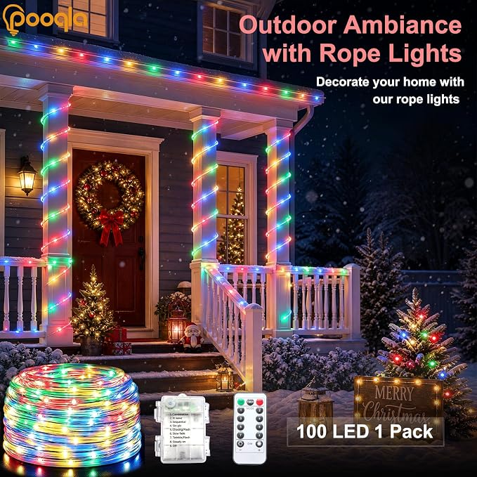 Rope Lights for Outside, 100LED Colorful Battery String Lights | Rope Lights Outdoor with 8 Modes Remote&Timer, Waterproof Battery Operated Camping Lights for Car Trampoline