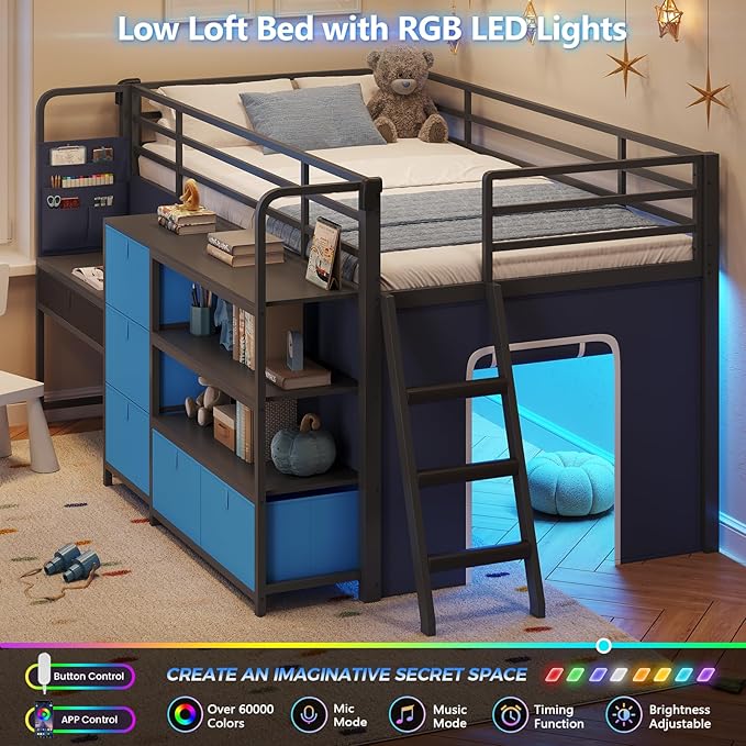 DICTAC Low Loft Bed with Desk and 6 Storage Drawers Twin Loft Bed with Bookshelf,LED Lights & Under-Bed Play Space,Kids Twin Beds with 13.8''H Safety Guardrail,Inclined Ladder&Play Curtain,Blue+Black