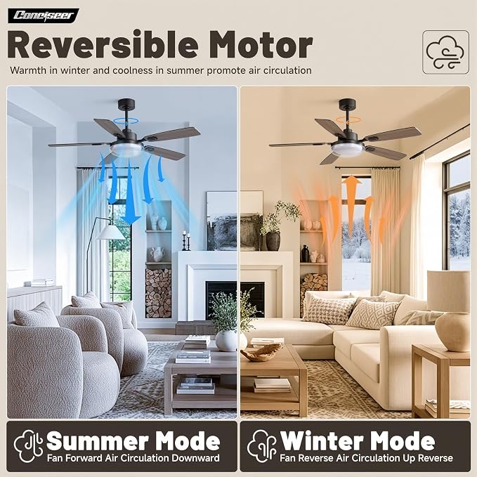 52 Inch Ceiling Fans with Lights and Remote, Bedroom Living Room Kitchen Office, 5CCT Dimmable,Dual Color 5 Blades, 6 Speed Reversible Quiet DC Motor, Double-Layer Lampshade, Black/Wood Grain