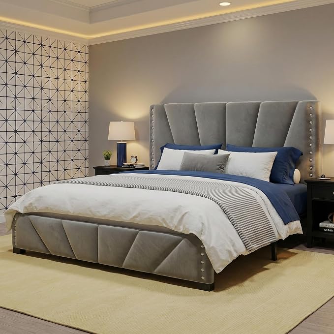 EnHomee Queen Bed Frame with LED Lights & USB, Noise-Free, Grey | Adjustable Velvet Headboard，Under-Bed Storage，Heavy Duty Support with 12 Slats，No Box Spring Needed，Easy Assembly for Bedroom