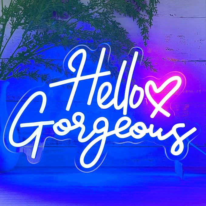 Hello Gorgeous Neon Signs for Wall Decor with Heart, Blue Hello Gorgeous LED Sign Lights for Bedroom Dorm Salon Wedding Party, Cute Makeup Dressing Beauty Room Decor, Preppy Girls Woman Cave