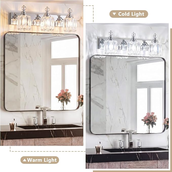 Chrome Light Fixtures, 3 Light Bathroom Vanity Light with 42pcs Crystal Sheet, 22in Modern Vanity Light, Bathroom Lighting Fixtures Over Mirror