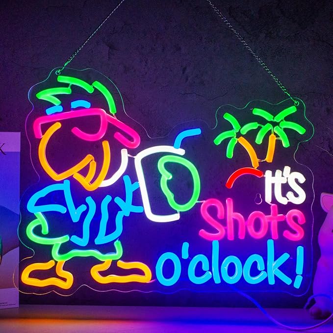 Parrot It's Shots O'clock Neon Sign It's 5 O'clock Neon Sign for Wall Decor Parrot Drinking USB Dimmable LED Neon Lights for Beer Bar Kitchen Restaurant Home Pub Party Man Cave Club Shops Hotel Store Business Gift