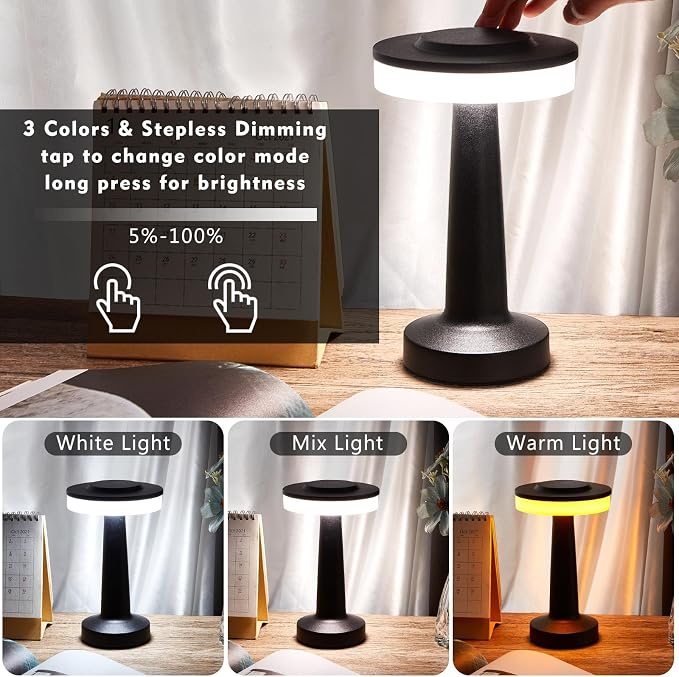 Riakrum 4 Pcs Black LED Portable Cordless Table Lamp Bulk with Touch Sensor 3 Color Stepless Dimming Rechargeable Battery up to 15 Hours Cordless Table Light Wireless Lamp Wedding Home