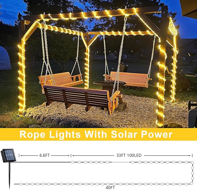 QITONG Warm White Solar Rope Lights, 2 Pack Each 33ft 100 LED String Light Outdoor, 8 Modes Fairy Lights in Clear Thin Tube