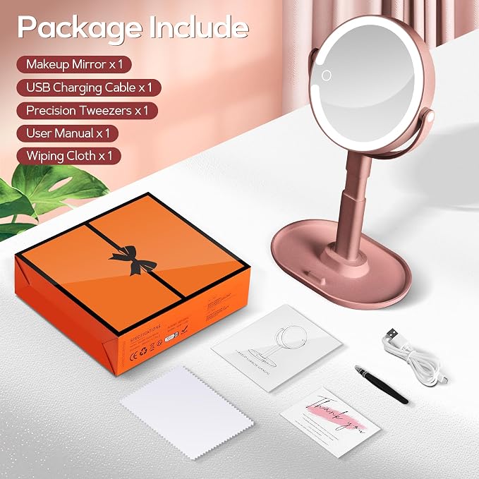 Makeup Mirror with Lights, Lighted Magnifying Mirror 30X with 3 Lighting and Adjustable Brightness, 2-Sided Height Adjustable Vanity Mirror for Bathroom, Gifts for Women Rose Gold