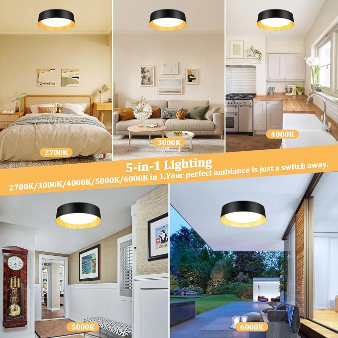 Flush Mount Ceiling Light, 16in Modern Ceiling Light 5 Color Temperature | 30W Bathroom Ceiling Light Fixture, 3000LM Dimmable LED Flush Mount Light for Bedroom, Hallway, Kitchen, Black & Wood, 2-Pack