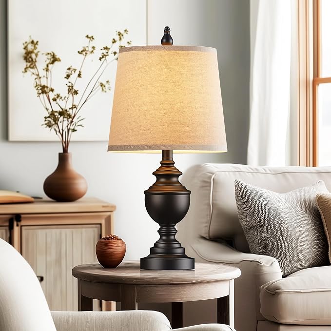 Retro Table Lamps Set of 2, Bedside Lamp for Bedroom Rustic Farmhouse Table Lamps for Living Room, Vintage Nightstand Lamps with White Shades, Matte Black