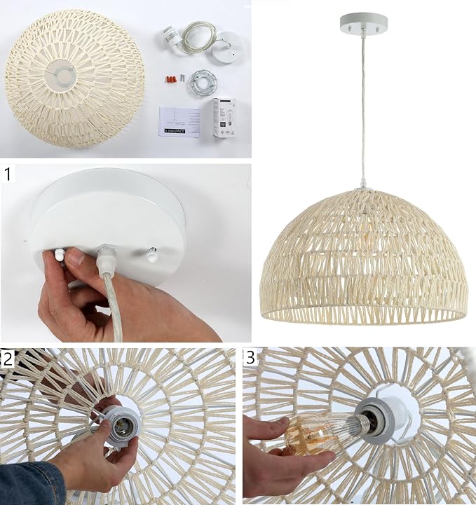 JONATHAN Y Campana 1-Light Pendant Dome Ceiling Lamp, 8.25", Black | Modern Coastal Farmhouse Decor, Adjustable Height, Woven Rope Metal Frame, LED Bulb Included, UL Listed