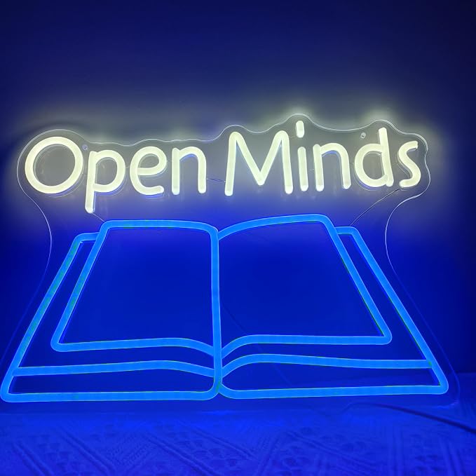 Books Open Minds Neon Sign LED Letter Lights Dimmable USB Powered Wall Decor for Classroom Library Reading Nook Teacher Student Book Lover Gift (16.5x10.6in)