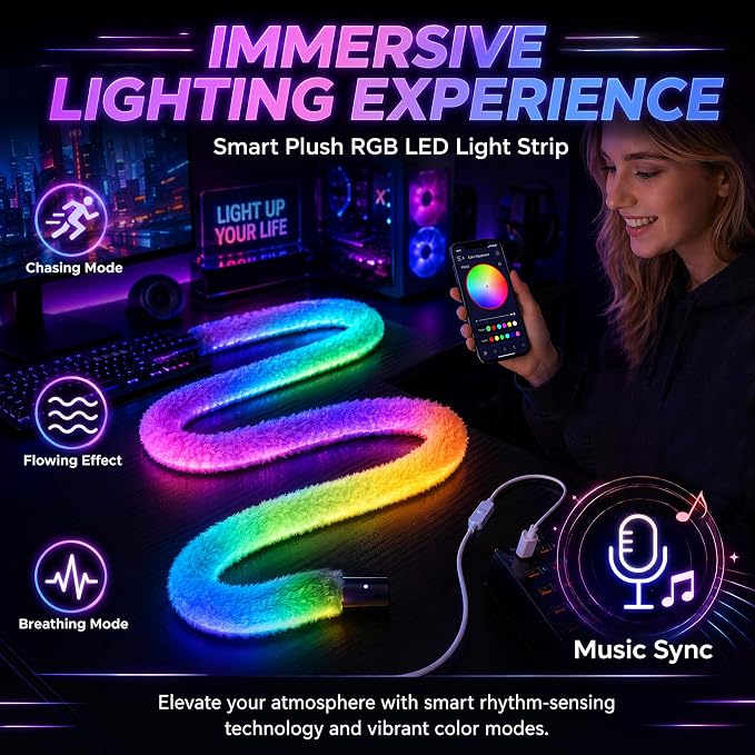 5V USB Plush LED Neon Rope Light, 16.4ft RGB+IC 360° Luminous Smart LED Strip Lights with APP/Remote Control, Music Sync Mode,Cozy Flexible Décor LED Light Strip for Dream Bedroom,Games Room