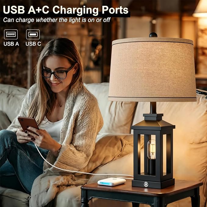 G-SAFAVA 23.75" Retro Farmhouse Black Table Lamp for Living Room Bedroom Nightstand Set of 2 Touch Control Bedside Nightlight Vintage Modern Lamp with USB C+A Ports and 2 Light Sources