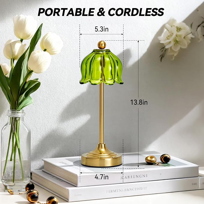 Small Tulip Cordless Table Lamp, LED Touch Accent Lamp with Amber Glass Shade, Dimmable Vintage Table Lamps for Bedroom, Kitchen, Nightstand, Restaurant