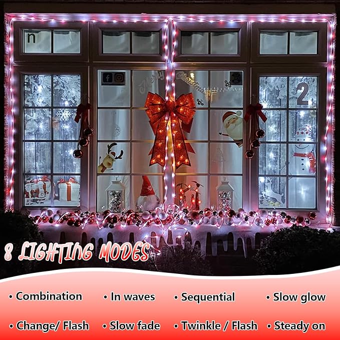 YEGUO Solar Candy Cane Rope Lights Outdoor Waterproof, 2 Packs Each 33ft 100 LED String Light, 8 Modes Fairy Lights in Red & White Thin Tube Lights for Camping Fence Patio Garden Trampoline Deck
