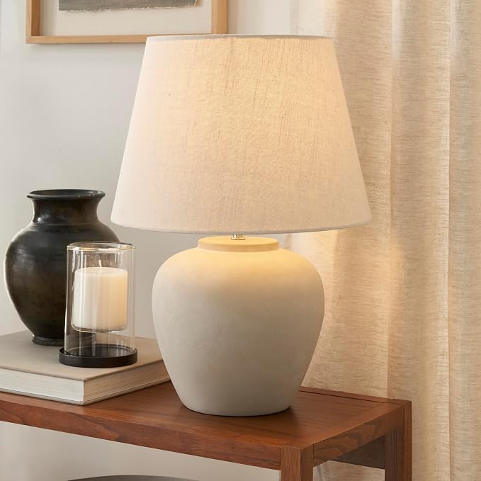 Nourison Home 20" Sand (Light Beige) Neutral Ceramic Table Lamp with Fabric Shade, Bedside Nightstand Lamp for Bedroom, Living Room, Entryway
