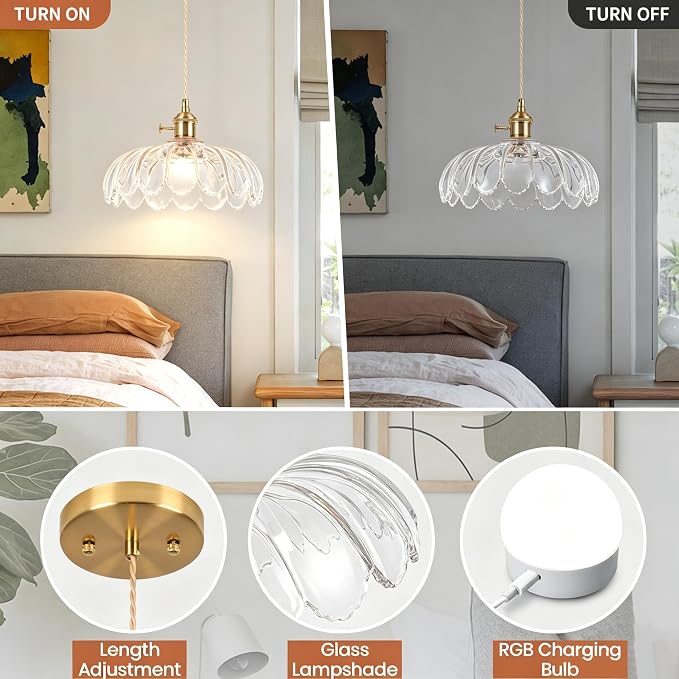 Battery Operated Pendant Light,Transparent Vintage Light Fixtures RGB Rechargeable Light Bulb 2500mAh 9.8in with Remote Control Wireless Adjustable Chandelier for Kitchen Island Hallway 1Light