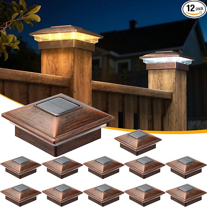 APONUO 12 Pack Fence Post Solar Lights, 2 Modes(Warm/Cool Light) Outdoor Waterproof 4x4 Post Solar Lights, Solar Powered Garden, Patio, Deck Decor for 4x4 Wood & Vinyl Posts, Copper