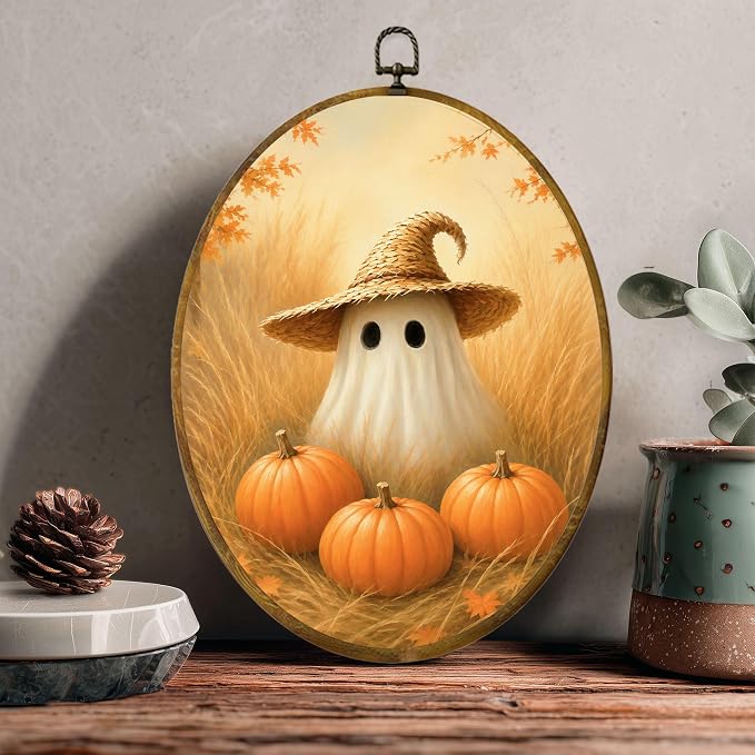 Straw Hat Ghost Oval Wall Art, Framed Canvas Decor, 8.5x11.5 Inch | Cute ghost with straw hat, pumpkins, golden wheat field and cozy fall decor