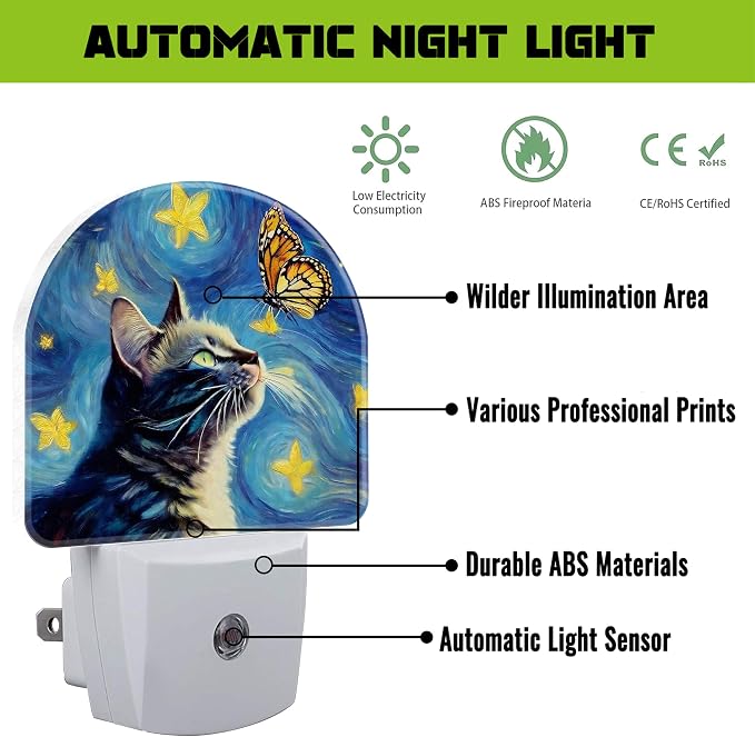 Cat and Butterfly Night Light for Kids, Starry Night Oil Painting Plug in Night Light with Dusk to Dawn Sensor, 0.5w Energy Saving Nightlight for Hallway Stairway Kitchen Bedroom