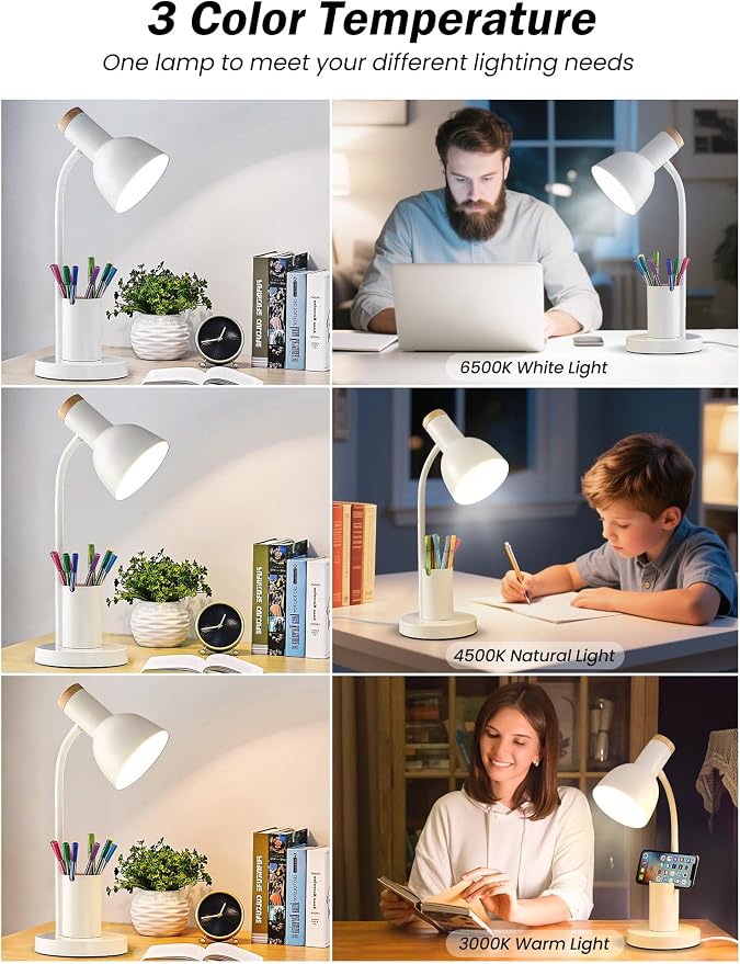 Desk Lamp, LED Desk Lamps for Home Office, 3 Color Modes Eye-Caring Reading Light, Flexible Gooseneck Desk Light with Pen Holder, Table Lamp for Bedroom Bedside College Dorm Study Room (White lamp)