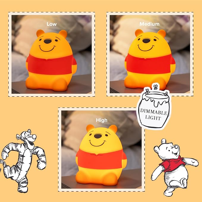 Disney Squish'ems Winnie the Pooh Night Light for Kids, Soft Silicone | Dimmable Kids Bedside Lamp, Light for Nursery, Kids Room, and Bedroom, USB Powered with AAA Battery Option